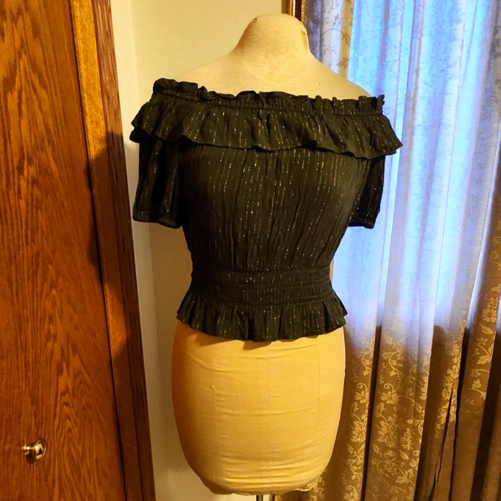 Express Black Ruffled Smocked Blouse Short Sleeve, Brand New